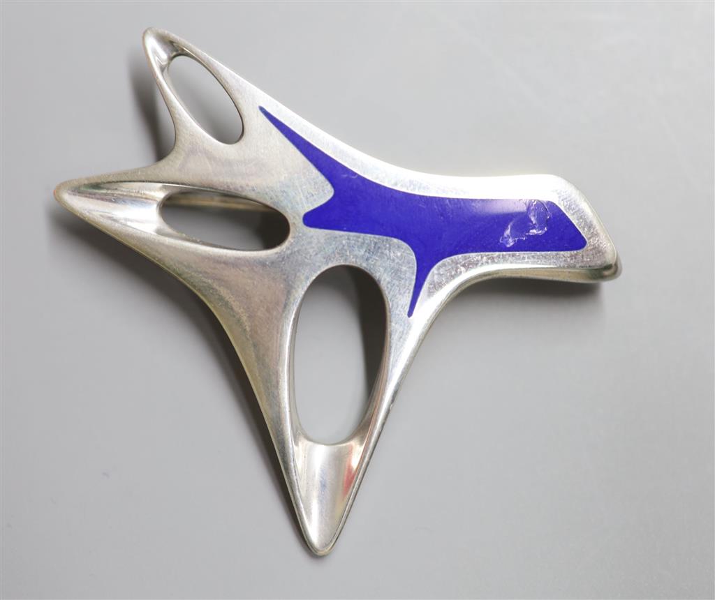 A Henning Koppel for Georg Jensen 925 and blue enamel pierced stylised tree brooch, design no. 323, 60mm, gross 29.2 grams.